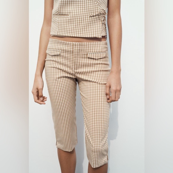 NWT ZARA Gingham Capri Pants Tan & White XS - Picture 6 of 7